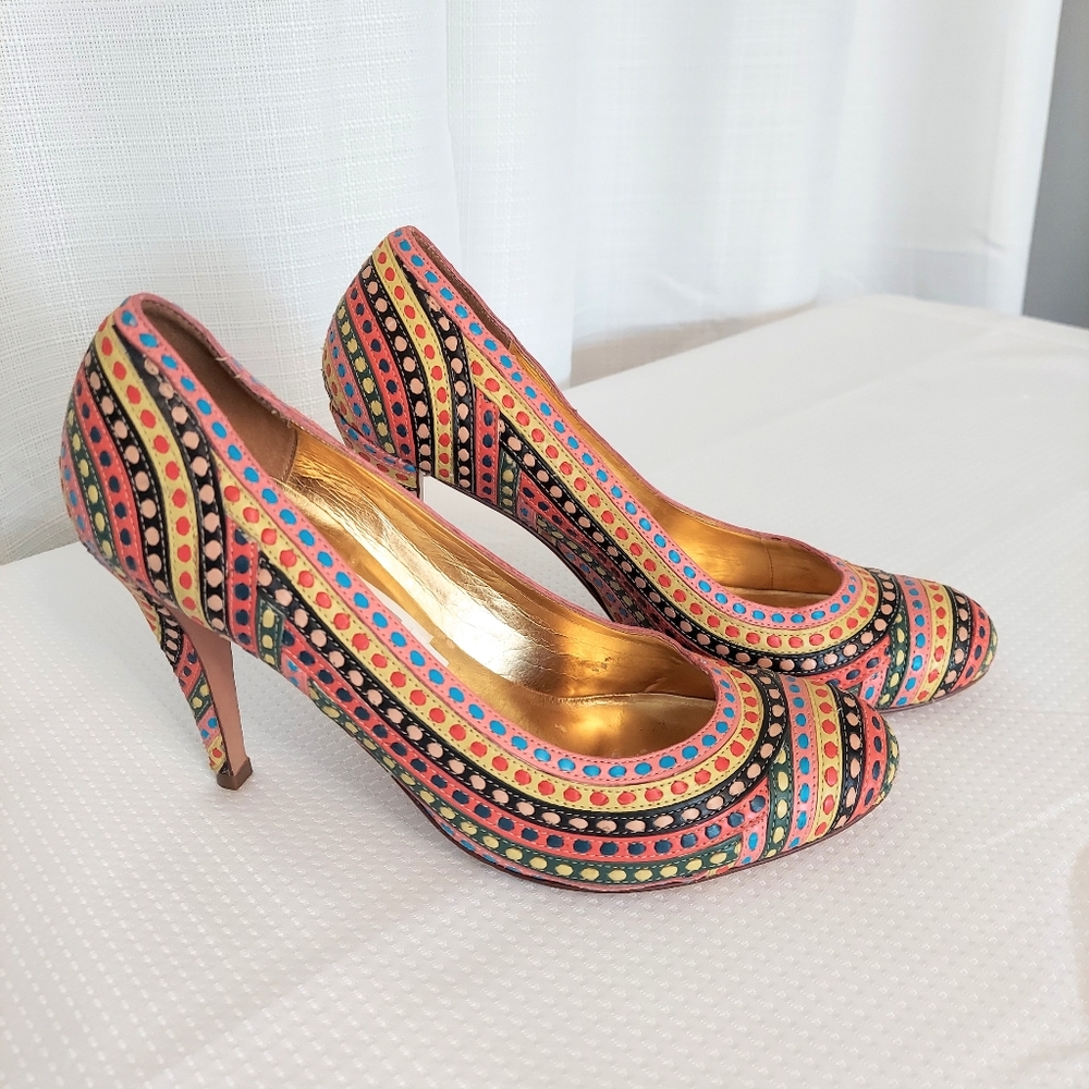 Vtg Report Signature Leather Woven Pumps Heels Open Toe Shoes Dress Casual